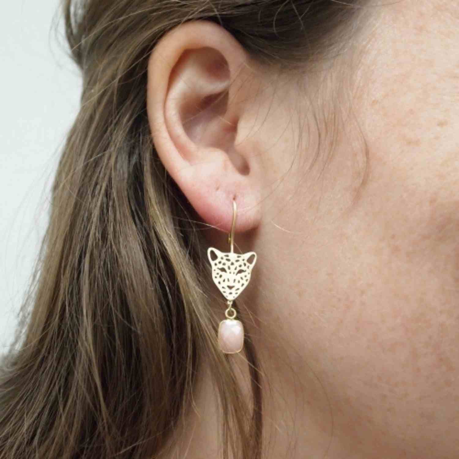 EVELYNE-M Paar PANTHERA | Pink Opal Big Head - Earring - Gold