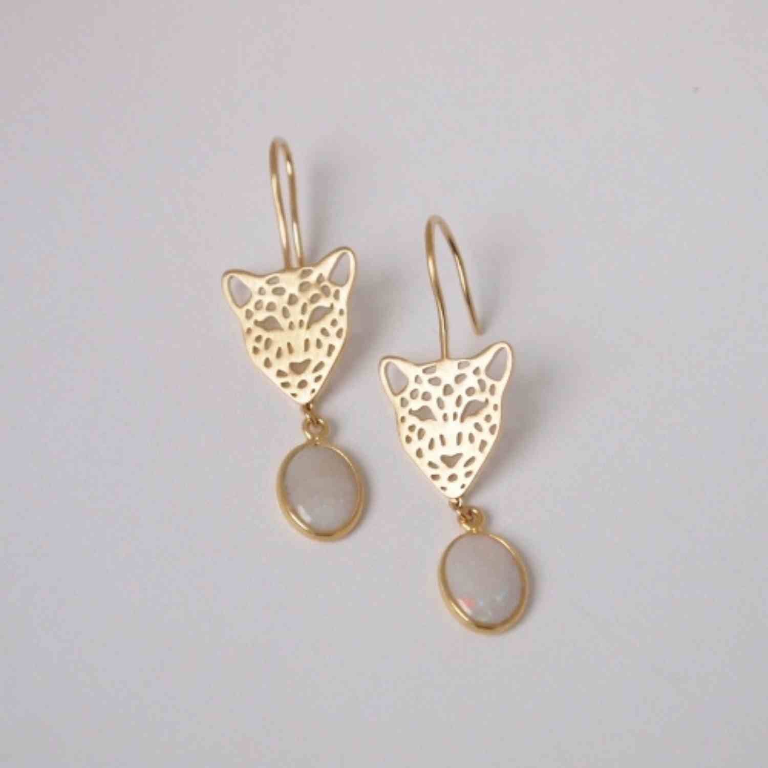EVELYNE-M Paar PANTHERA | White Opal Big Head - Earring - Gold