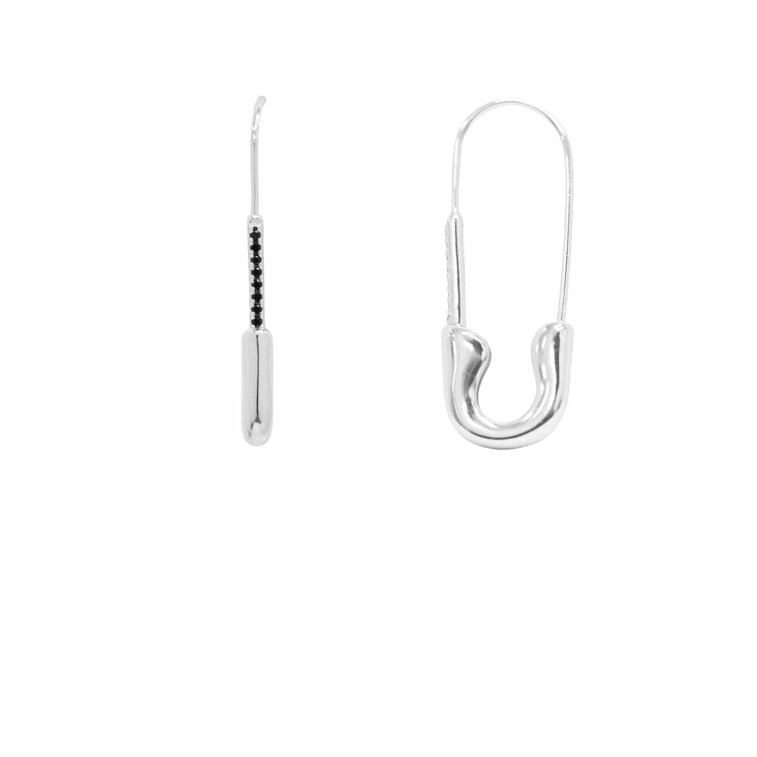 EVELYNE-M ANIMORUM | Black Spinel Safety Pin - Creole Hoop Earring - Silver