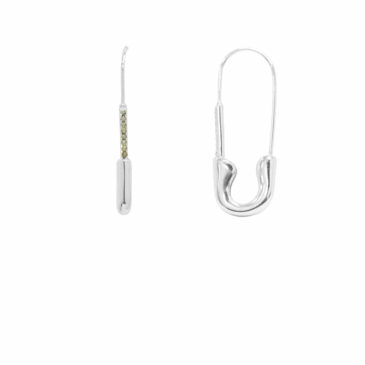 EVELYNE-M ANIMORUM | Green Sapphire Safety Pin - Creole Hoop Earring - Silver
